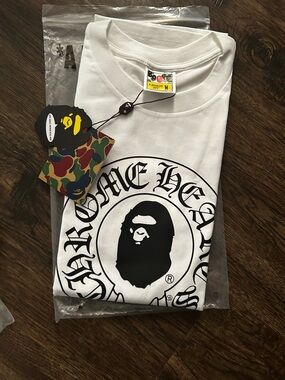 Bape White Short Sleeve Tee with Black Ape Head Graphic
